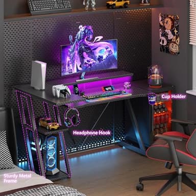 47 Inch Gaming Desk with Power Outlet & LED Lights, Corner Computer Desk with 3 Tiers Storage Shelves, Home Office Desk with Monitor Stand for Small Space, Carbon Fiber Black - Image 6