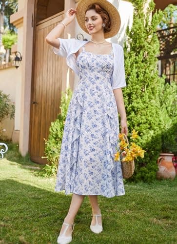 Belle Poque Spaghetti Floral Midi Dress for Women Spring Wedding Guest Dress Cottagecore Dress Blue Floral L - Image 2