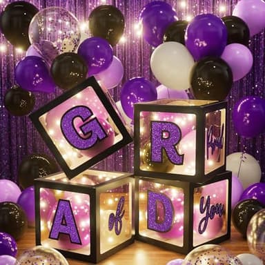 Ecomore Graduation Party Decorations Class of 2025-86 PCS Grad Party Supplies Includes LED Light Strings Balloon Block Boxes with Letters Foil Curtain Backdrop 2025 Balloon Garland Kit -Black Purple - Image 4