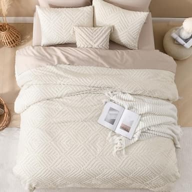Andency King Size Comforter Set Beige, 3 Pieces Boho King Bedding Comforter Set Cream, All Season Soft Lightweight Tufted Textured Down Alternative Comforter Fluffy Bed Set - Image 7
