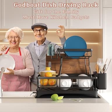 Godboat Dish Drying Rack, 2-Tier Dish Rack with Auto-Drain & Mat, Dish Racks for Kitchen Counter, Dish Drainer with Knife, Fork & Cup Rack, Gifts for Women, Mothers Day, Cool Stuff & Kitchen Gadgets - Image 7
