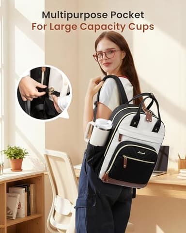 LOVEVOOK Laptop Backpack for Women with Giant Tumbler Holder Pocket,15.6 inch School College Book Bag Nurse Teacher Backpack,Waterproof Work Travel Backpack Purse Laptop Computer Bag,Beige-Black-Brown - Image 4