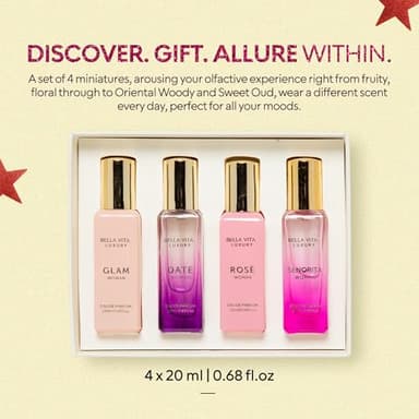 BellaVita Luxury Women's Perfume Gift Set (4x20ml) | Notes of Floral, Sweet, Spicey Red Fruit, Vanilla & Musk | DATE, SENORITA, GLAM & ROSE | French Parfum Collection Gift Set - Image 4