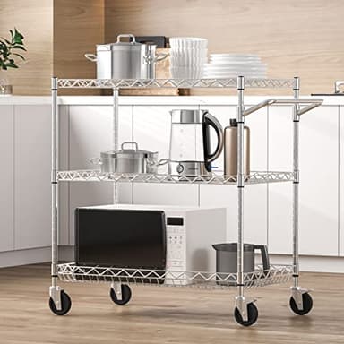 VEVOR Kitchen Utility Cart, 3 Tiers, Wire Rolling Table with 661 LBS Capacity, Steel Service Desk on Wheels, Metal Storage Trolley with 80 mm Deep Basket Curved Handle 6 Hooks - Image 8