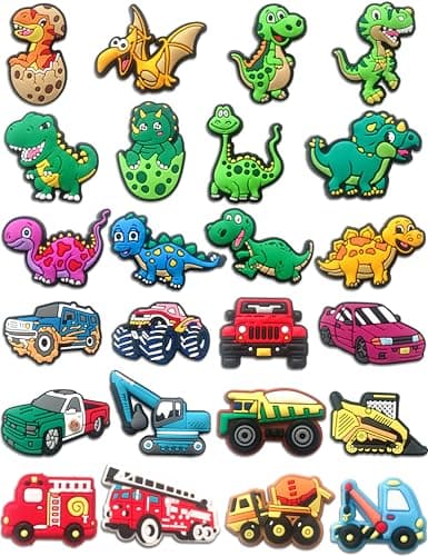 Car & Dinosaur Shoe Charms for Boys, 24 PCS Dino & Truck Shoe Decoration Pins for Clog, Cute Shoe Accessories for Kids Party Favor Gifts - Image 1