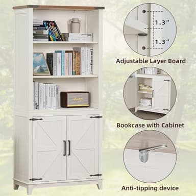 Joaxswe 5 Tier Bookshelf 70in Tall Bookcase with Barn Doors and Storage Cabinet, White Farmhouse Book Shelf with Adjustable Shelves, Wood Freestanding Display Bookshelves for Bedroom, Living Room - Image 7