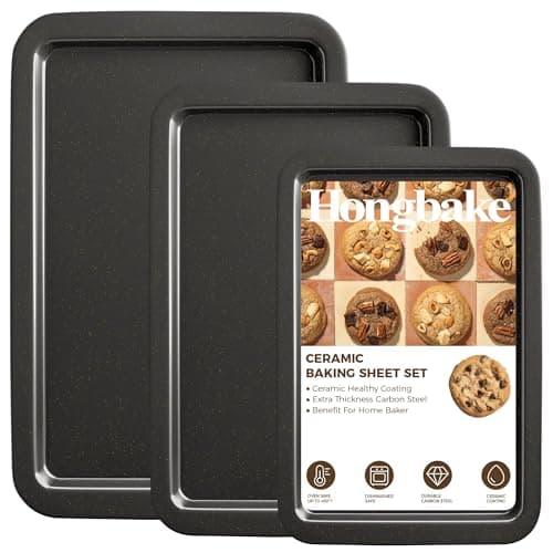 HONGBAKE Ceramic Baking Sheet Pan Set, Cookie Sheet for Oven, Bakeware Sets with Wider Grips, 3 Pack Half/Jelly Roll/Quarter Baking Tray, Premium, Dishwasher Safe - Dark Grey - Image 1