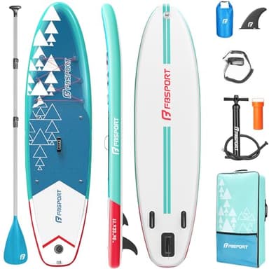 FBSPORT 11' Premium Stand Up Paddle Board, Yoga Board with SUP Accessories & Carry Bag | Wide Stance, Surf Control, Non-Slip Deck, Leash, Paddle and Pump for Youth & Adult(BlueWhite) - Image 1