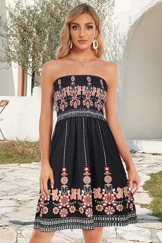 CHICGAL Womens Summer Dresses Strapless Boho Floral Print Sundress Beach Cover Ups(Boho Red Floral Print,2XL) - Image 3