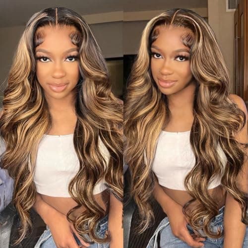 QUANDIAN 28 Inch 13x6 Body Wave Highlight Ombre Lace Front Wig Human Hair 13x6 HD Lace Front Wigs Human Hair 180% Density P4/27 Colored Wigs Honey Blonde Glueless Wigs Human Hair Pre Plucked Pre Cut - Image 1