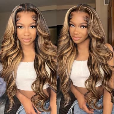 QUANDIAN 28 Inch 13x6 Body Wave Highlight Ombre Lace Front Wig Human Hair 13x6 HD Lace Front Wigs Human Hair 180% Density P4/27 Colored Wigs Honey Blonde Glueless Wigs Human Hair Pre Plucked Pre Cut - Image 1