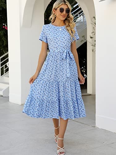 Lyrur Floral Midi Dress Womens Short Sleeve Belted Tiered Babydoll Flowy Casual Summer Sundress with Pockets(XL,9191-Blu Daisy) - Image 3