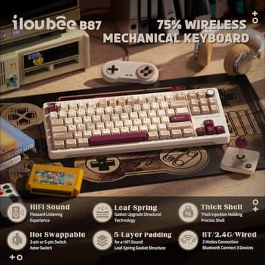 iLovBee B87 Wireless Mechanical Keyboard, 75% Percent Gaming Keyboard with Bluetooth/2.4GHz/USB Wired, RGB Creamy Keyboards with Knob, QMK/VIA, Gasket Mount Hot Swappable Linear Switch, Retro Red - Image 2