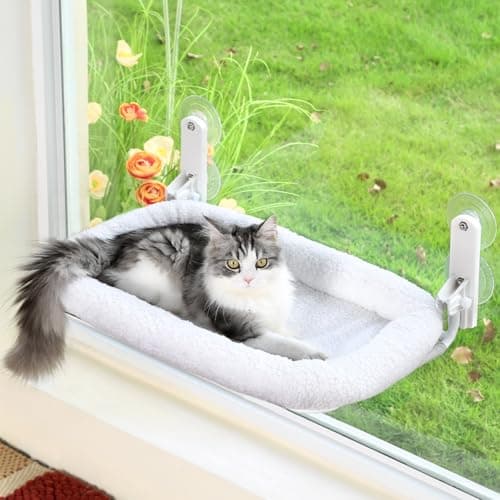Zakkart Foldable Cat Hammock for Window - Cordless, Embeded Machine Washable Bed, Robust Metal Frame - Cat Window Perch for Large Cats and Kittens (White Bolster Bed, Medium) - Image 1