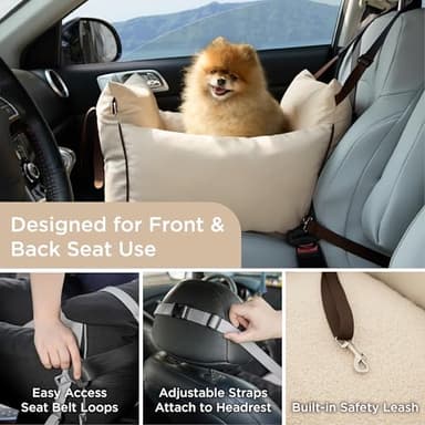 Lesure Small Dog Car Seat for Small Dogs - Dog Booster Seat for Car with Waterproof Bottom, Clip-On Safety Leash and Thickened Memory Foam Filling, Pet Carseat Puppy Travel Carrier Bed, Beige - Image 2