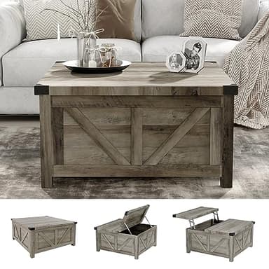jimeimen Farmhouse Lift Top Coffee Table with Storage, Wood Square Center Table with Charging Station&USB Port, Living Room Table w/Large Hidden Space, for Living Room, Bedroom, Home Office, Grey - Image 6