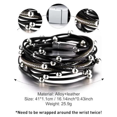 Fesciory Leather Wrap Bracelets for Women, Boho Leopard Multi-Layer Crystal Beads Cuff Bracelet Jewelry (Black Beads) - Image 3
