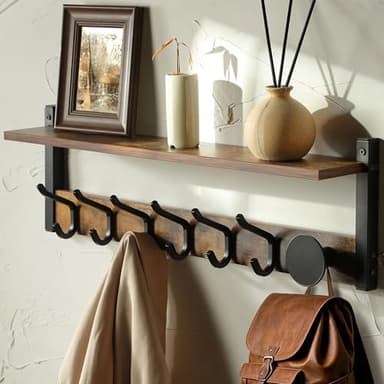 YIGII Wall Shelf with Hooks, Coat Rack Wall Mount with 7 Dual Metal Hooks, Wooden Floating Shelf Coat Hanger for Bedroom, Entryway, 24inch - Image 1