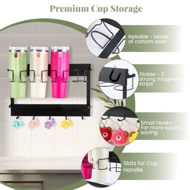 CINPIUK Water Bottle Organizer Holder, Magnetic Cup Rack Storage for Stanley & Large Tumbler, Space Saving Wall Mount Bottle Organizer with 5 Hook, Easy to Install, Black - Image 2