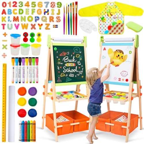 Kids Easel Including 100+ Accessories, Rundad Double Sided Wooden Easel for Kids Age 3-8 with Magnetic Chalkboard & Painting Board, Free Height Adjustable Art Easel Supplies for Toddlers - Image 1