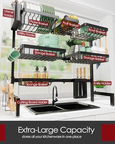 Sakugi Dish Drying Rack - Over The Sink Dish Drainer Drying Rack with Utensil & Knife Holder, Hooks, Stainless Steel Kitchen Organizers and Storage Solution, 11.8" D x 31.5"~39.0''W x 30" H, Black - Image 3