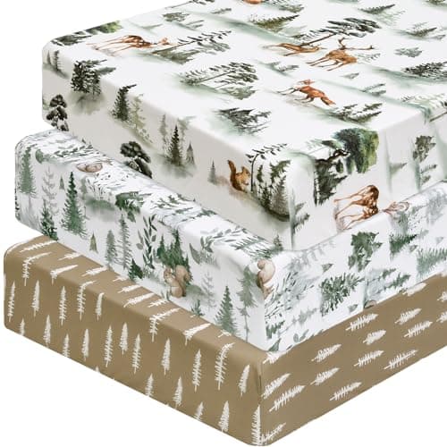 PHF 3 Pack Soft Woodland Crib Sheets Fitted, Silky Comfy Breathable Baby Sheets for Boys Girls Neutral, 28x52 Inches Fits Standard Crib and Toddler Mattresses, Woodland - Image 1