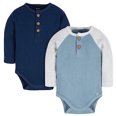Gerber Baby Boy's 2-Pack Long Sleeve Henley Onesies, Blue and Heather Grey - Image 1