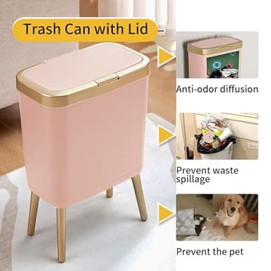 Procade Bathroom Trash Can with Lid, 4 Gallon Pink Garbage Can, Tall Plastic Trash Bin with Push Button, Slim Gold Trash Can Waste Basket for Room, Bedroom,Office,Kitchen - Image 3