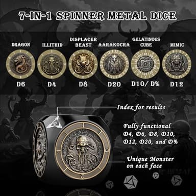 Haxtec Spinner Dice 7-in-1 Metal DND Dice Set Unique Dice Spinner Goblins Metal D&D Die for Dungeons and Dragons DND Gifts - Image 2