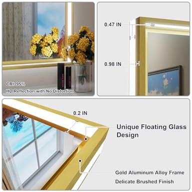 JSneijder 30x36 Inch Gold LED Bathroom Mirror with Front & Back Lights, Adjustable 3000K/4500K/6000K, Wall Mounted Lighted Bathroom Vanity Mirrors, Anti-Fog, Dimmable, Horizontal/Vertical - Image 4