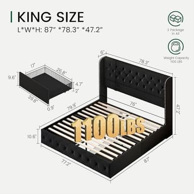 LARMACE King Size Bed Frame with 4 Storage Drawers and Tufted Headboard Velvet Upholstered Platform Bed Frame Wingback Beds with Wooden Slats Support, Easy Assembly, Black - Image 2