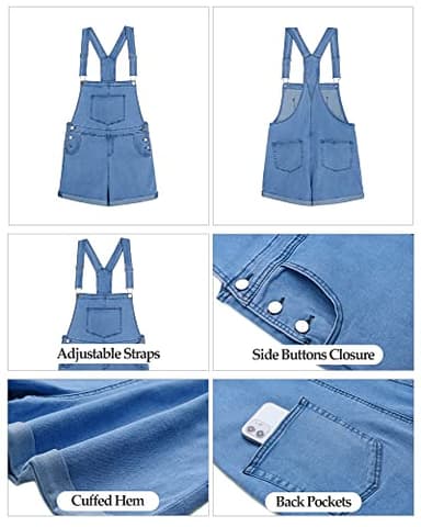 Vetinee Women's Medium Denim Blue Classic Adjustable Straps Cuffed Hem Denim Bib Overall Shorts X-Large - Image 6
