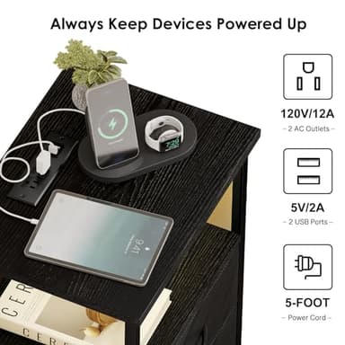 Fixwal Night Stand with Charging Station, LED Nightstand with U-S-B Ports and Outlets, 2 Fabric Storage Drawers with PU Finish, Small Bedside Table, Black - Image 5