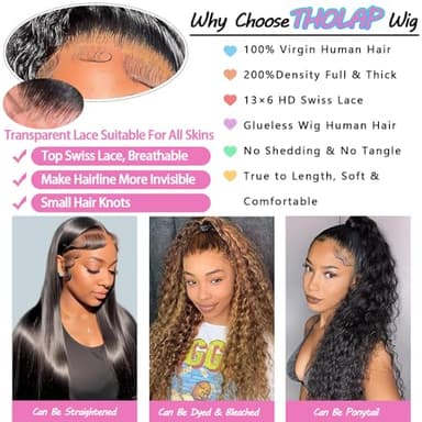 Tholap 18 Inch 13x6 Deep Wave Lace Front Wigs Human Hair 200 Density 13x6 HD Lace Front Wigs Human Hair Pre Plucked Deep Curly Glueless Wig 100% Virgin Human Hair Lace Front Wigs for Women - Image 4