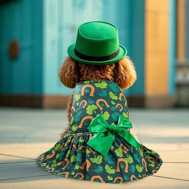 St. Patrick's Day Dog Costume Dress S, Green Shamrock and Horseshoe Print with Satin Bow, Pet Outfit for 6-7 lbs Dogs and Cats, Festive Holiday Apparel - Image 3