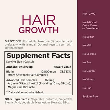 Nature's Bounty Optimal Solutions Hair Growth Supplement with Biotin, Hair Growth Vitamins with Biotin Silicon & Arginine, 1 Per Day, 30 Capsules, One Month Supply - Image 6