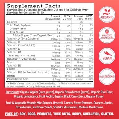 Llama Naturals Kids Multivitamin Gummies, Vegan, Organic with Vitamin D, C & K, Toddler Real Fruit Gummy Vitamins, Chewable Supplement, Whole Food Multivitamin, No Added Sugar Cane, Strawberry, 90 Ct - Image 3