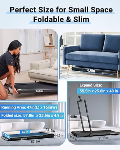 LICHICO Walking Pad Under Desk, 2 in 1 Portable Folding Treadmill, 3.0HP Brushless Motorized Electric Treadmill, Larger Running Area, Small Mini Running Machine for Home - Image 6
