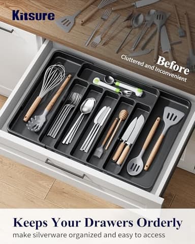 Kitsure Cutlery Drawer Organiser for Kitchen - Adjustable Cutlery Tray for Effortless Utensil Sorting, Versatile Kitchen Storage & Organisation Solution, 13.70" x 1.54" x 10.94"~20.08", Black - Image 4