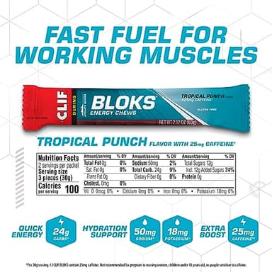 CLIF BLOKS - Tropical Punch Flavor with Caffeine - Energy Chews - Non-GMO - Plant Based - Fast Fuel for Cycling and Running - Quick Carbohydrates and Electrolytes - 2.12 oz. (18 Count) - Image 2
