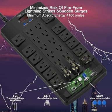 QINLIANF Surge Protector Power Strip - 6Ft Flat Plug Heavy Duty Extension Cord with 24 Outlets and 4 USB Ports(2 USB-C Ports), 1875W/15A, 4100J, for Home, Office, Dorm, ETL Listed, Black - Image 5