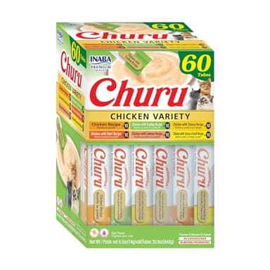 INABA Churu Cat Treats, Grain-Free, Lickable, Squeezable Creamy Purée Cat Treat/Topper, 60 Servings, Chicken Variety Box - Image 1