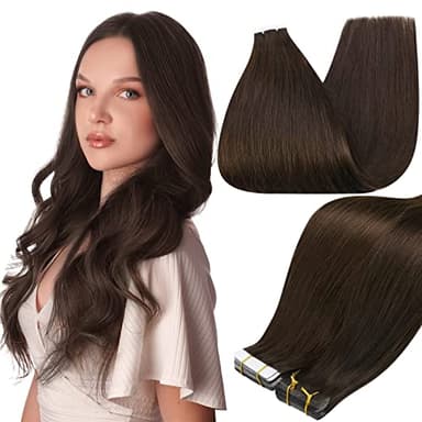 Full Shine Tape in Hair Extensions Human Hair Darkest Brown 24 Inch Seamless Tape in Extensions Brazilian Remy Hair Skin Weft Hair 20 Pieces 50 Grams Color 2 Glue Human Hair Extensions for Wedding - Image 1