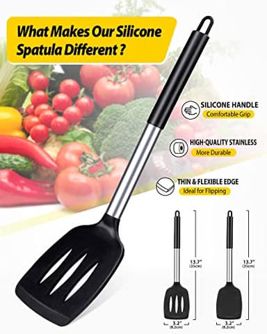 Pack of 2 Silicone Solid Turner, Non Stick Slotted Kitchen Spatulas, High Heat Resistant BPA Free Cooking Utensils, Ideal Cookware for Fish, Eggs, Pancakes(Black) - Image 2