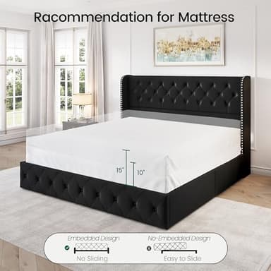 LARMACE King Size Bed Frame with 4 Storage Drawers and Tufted Headboard Velvet Upholstered Platform Bed Frame Wingback Beds with Wooden Slats Support, Easy Assembly, Black - Image 9