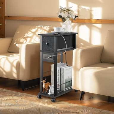 DGSANDGO Side Table with Charging Station and Drawer, Narrow End Table with USB Ports and Outlets for Small Space, Living Room, Bedroom and Office, with 4 Wheels (1, Black) - Image 2