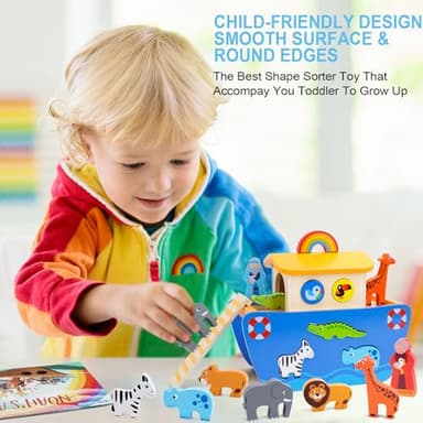 KMTJT Toddlers Wooden Noah's Ark Toy Animal Playset, Baptism Gifts for 1 2 3 Boys Girls, Shape Sorter Early Learning Montessori Toys with Bible Story Book for 12 18 24 Months Babies - Image 5