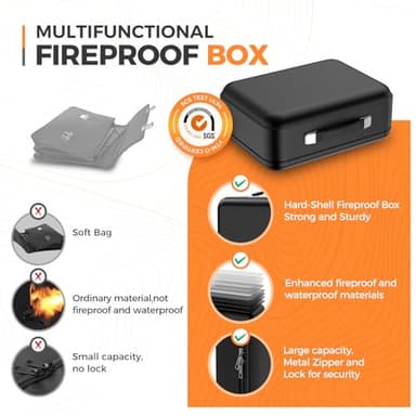 EDMUED Fireproof Document Box with Combination Lock, Fireproof Water Resistant Hard Case Safe Box for Important Documents Certificates Laptop Passports (Black) - Image 4