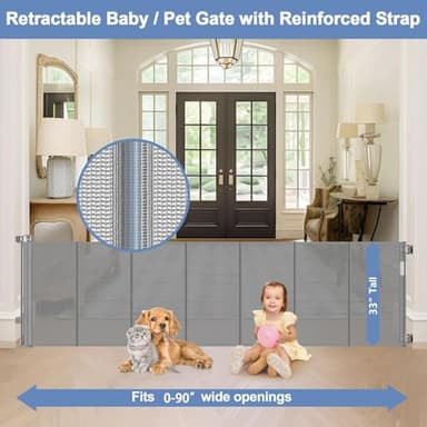 Reinforced bottom 90 Inch Extra Wide Baby Gate for Large Openings Retractable Baby Gates Extra Wide Upgraded Spring Retractable Dog Gate for Doorways Extra Wide Adjustable Bracket Retractable Pet Gate - Image 2