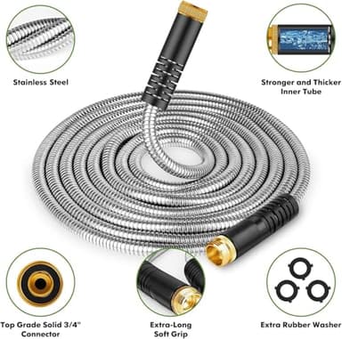 Garden Hose 150ft, Metal Stainless Steel Water Hose with 10 Function Nozzle Flexible, Lightweight, Kink-Free, Pet Proof, Puncture Proof Hose for Yard, Outdoor - Image 2